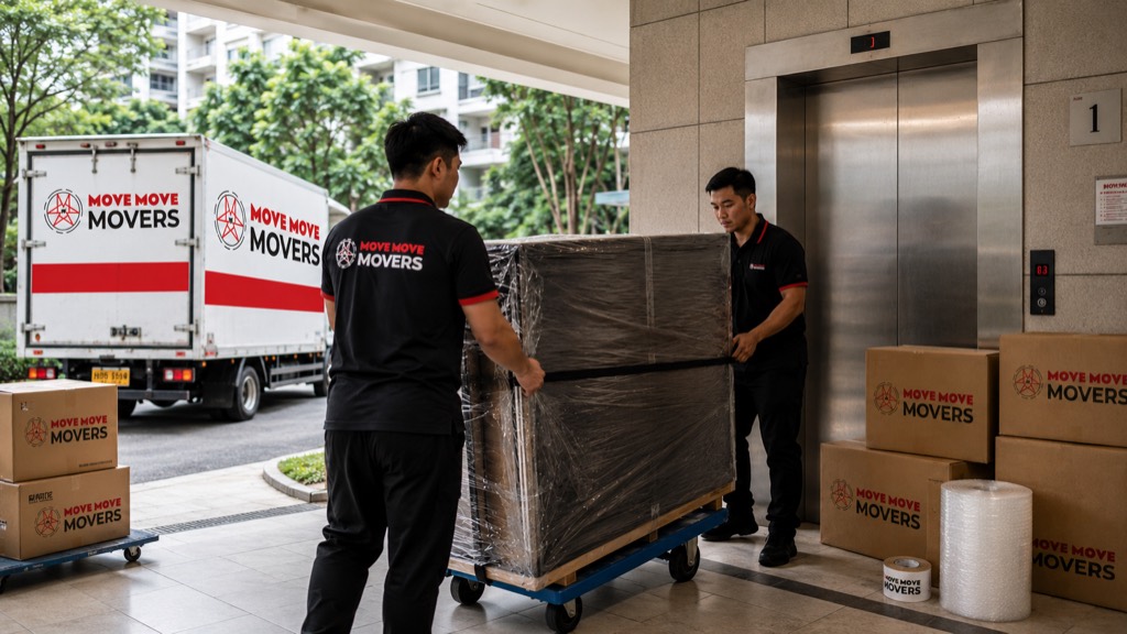 Move Move Movers crew moving wrapped furniture with branded boxes at a Singapore condo lift lobby