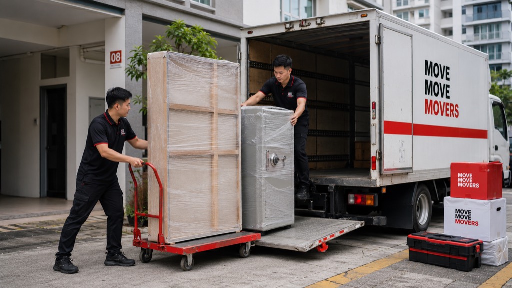 Illustrative disposal quote scenario with movers handling bulky wrapped items at a lorry tail lift