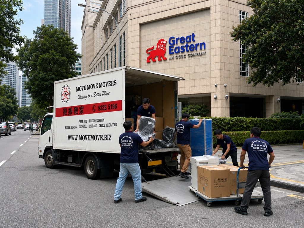 Move Move Movers crew and branded lorry outside Great Eastern Centre for an office relocation in Singapore