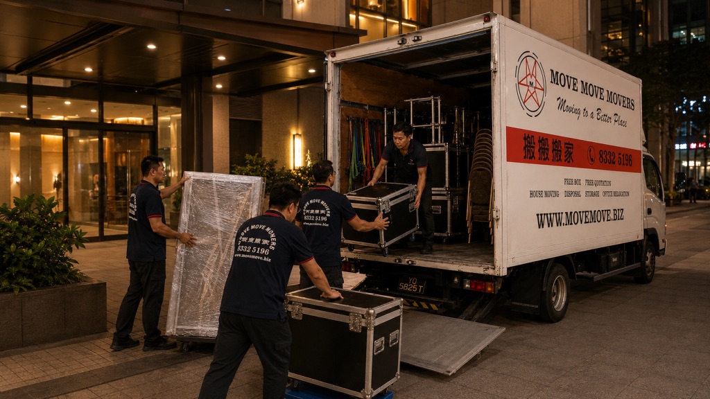 Move Move Movers team loading wrapped commercial equipment at One Fullerton during a night move