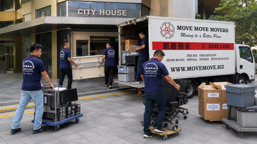 Move Move Movers crew loading office chairs, cartons and equipment at City House Singapore
