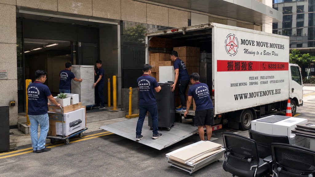 Move Move Movers crew loading office furniture and cartons from a commercial dock in Singapore