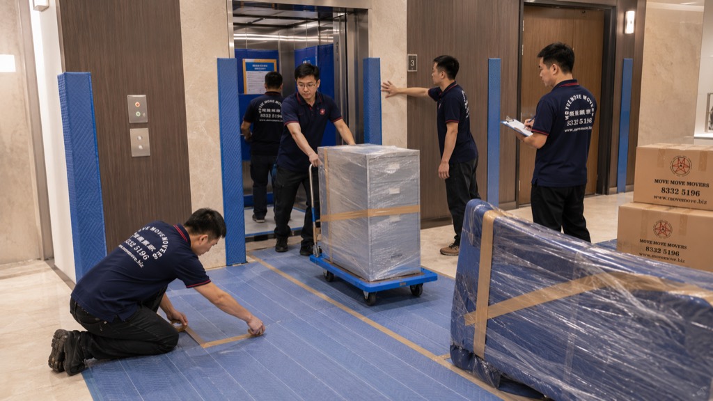 Move Move Movers crew using blue floor protection near a service lift during an office move