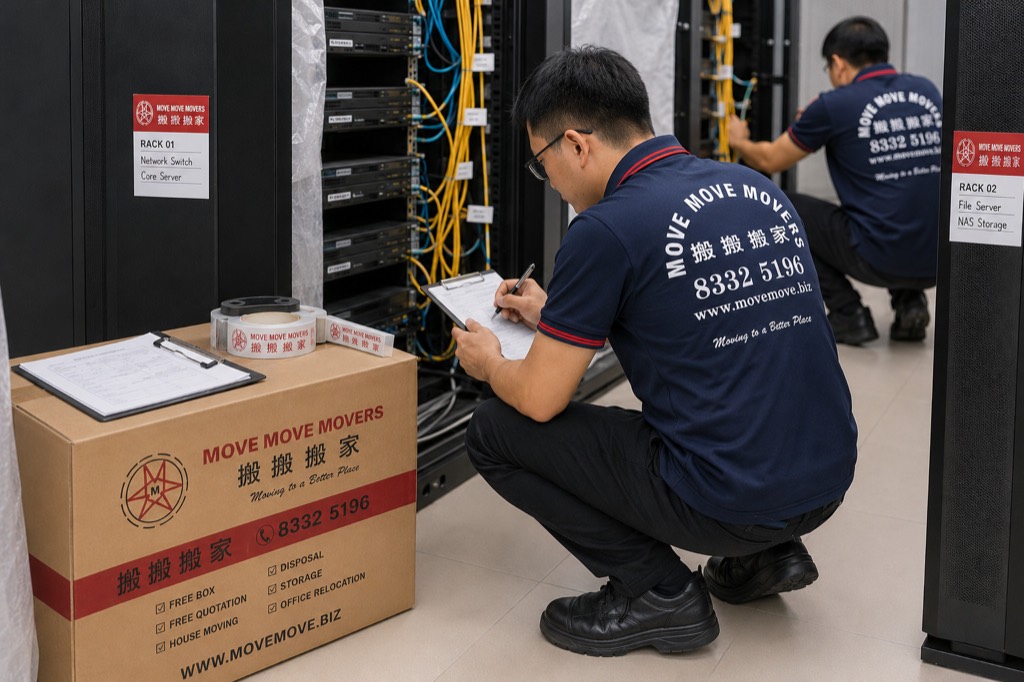 Move Move Movers crew preparing cartons and equipment beside office server racks for relocation
