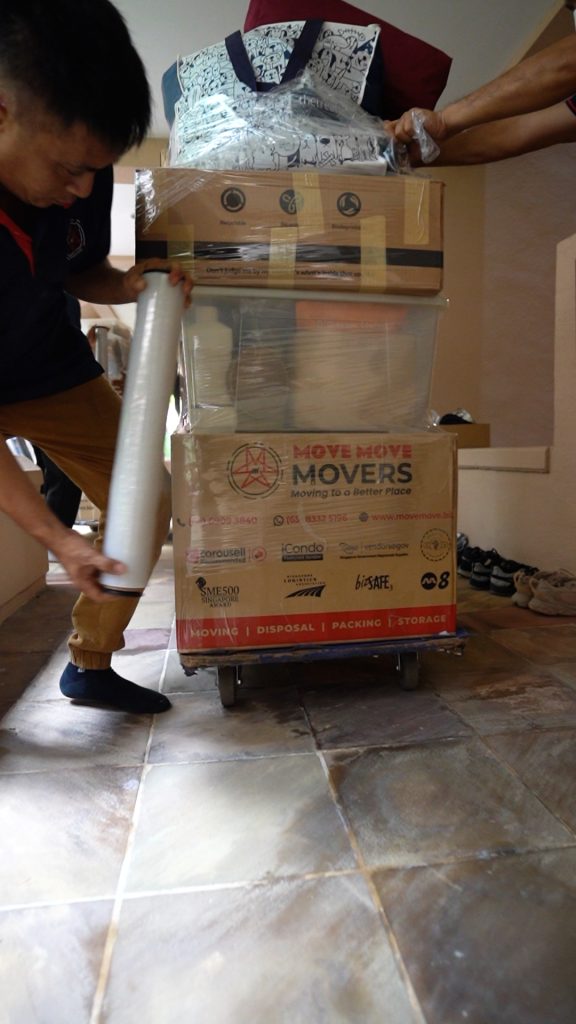 Wrapped boxes and fragile-item protection on moving trolley – move move movers – move move movers Move Move Movers staff stretch-wrapping boxed household items on a trolley for protection