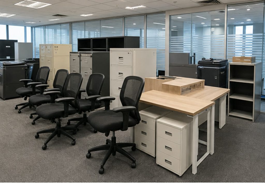 office furniture including chairs, desks and cabinets prepared for disposal