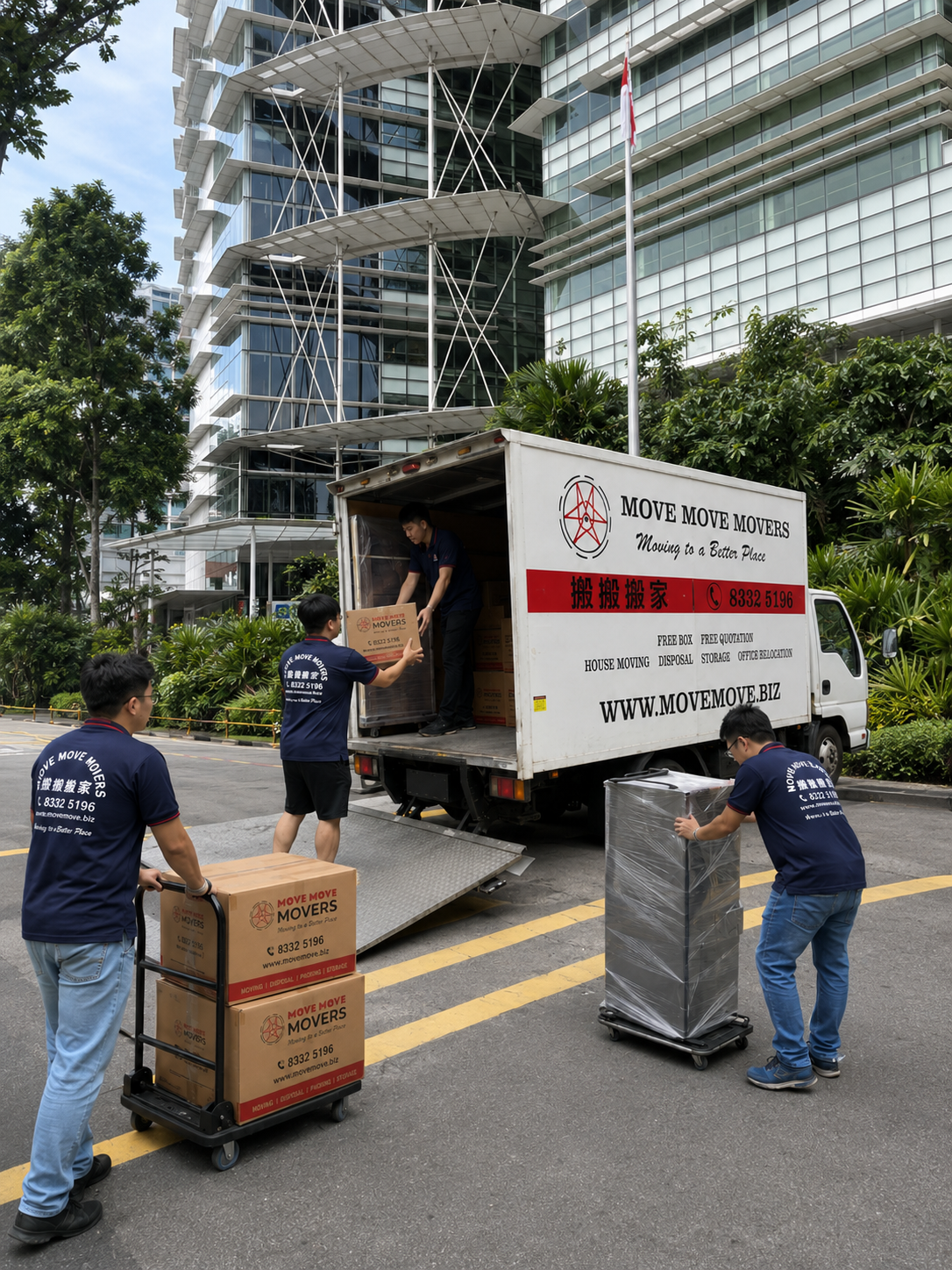 Condo driveway moving access – move move movers – move move movers Move Move Movers crew loading cartons and protected furniture from a branded lorry at a Singapore driveway access point