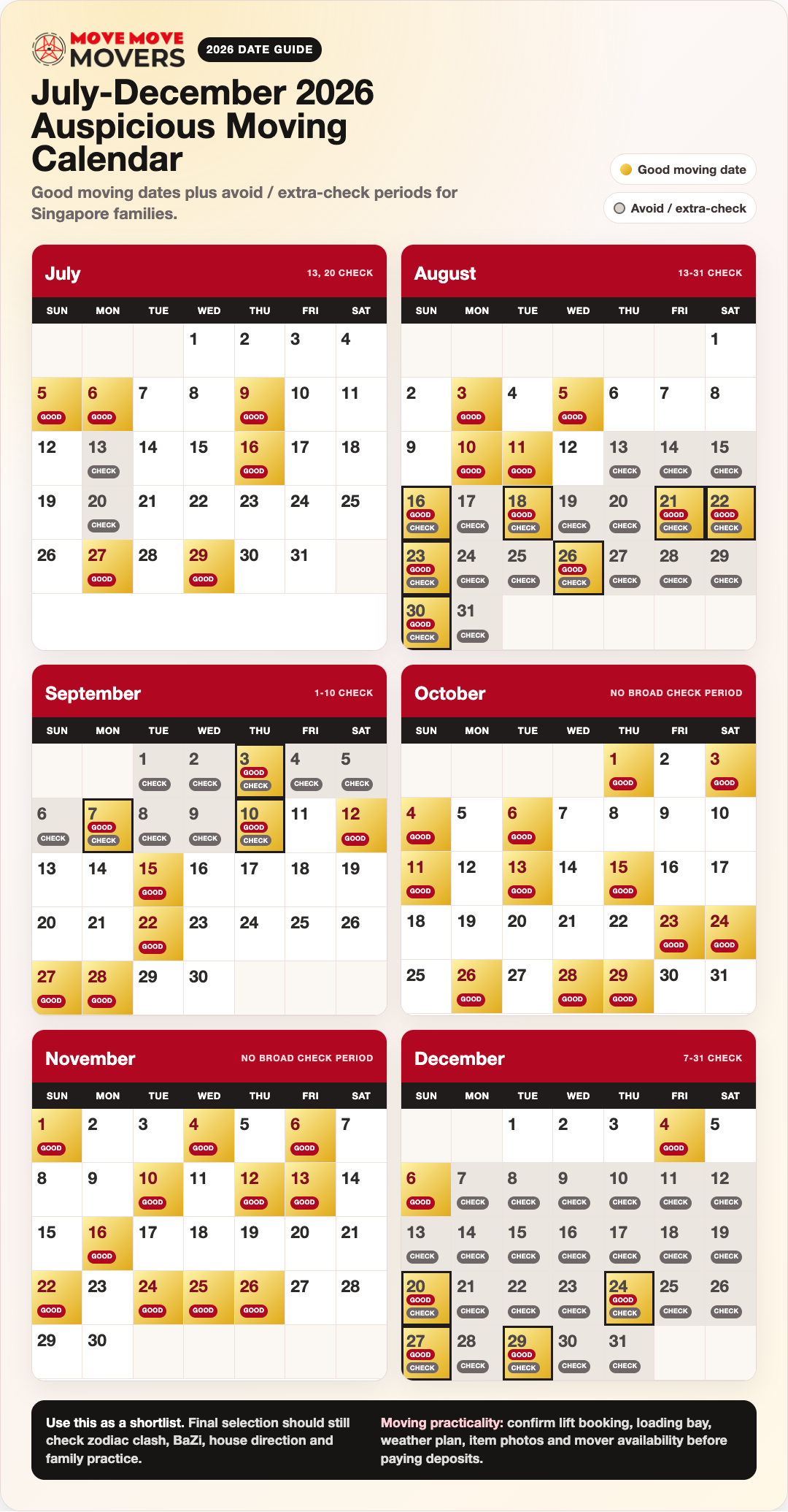 Move move movers july-december 2026 auspicious moving calendar portrait – move move movers – move move movers Portrait calendar showing July to December 2026 good moving dates and avoid or extra-check periods for Singapore moves